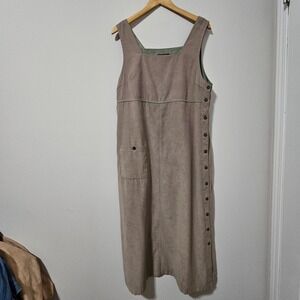 Blue J. Womens Faux Suede Jumper Dress Taupe Brown Side Button Midi Pinafore M‎